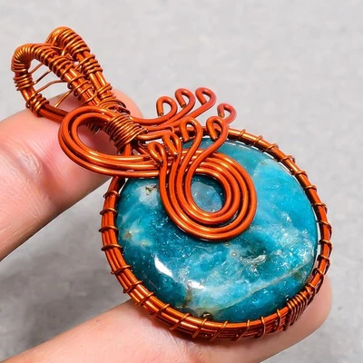 Colgante de joyería de cobre con envoltura de alambre de moda hecho a mano de piedras preciosas de apatita 2,30" SR 1791 Foto 1 de 4
