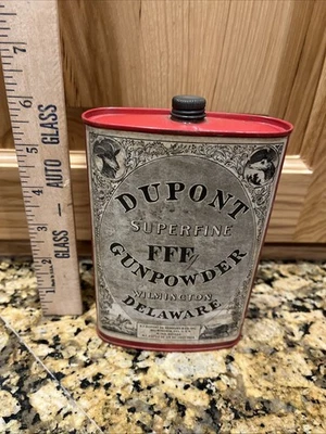Lata de pólvora vacía DUPONT Superfine FFFg fecha 1924 con etiqueta de papel-EE. UU. Foto 1 de 4