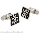 Sterling Silver Cufflinks Square With Black Enamel Scoll Design Cuff Link