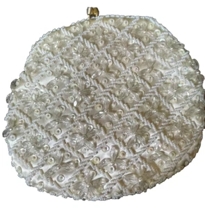 Vintage Beaded Sequin Evening Purse Cream Gold Chain Hong Kong Flowers Satin - Picture 1 of 10