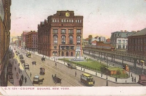 NEW YORK CITY - Cooper Square - trolley, horse & wagons, elevated train - 1907 - Picture 1 of 2