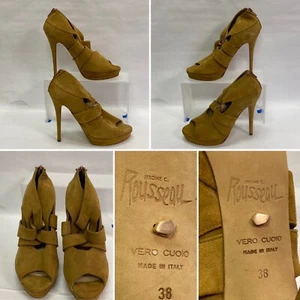 Jerome C. Rousseau Suede Peep Toe Heels Platform Camel Tan 7.5 Unworn $800 Italy - Picture 1 of 13