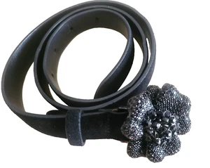 AUTH RALPH LAUREN COLLECTION BLACK SUEDE FLOWER GLASS CRYSTALS BUCKLE XS - Picture 1 of 9