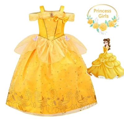Kids Girls Belle Fancy Dress Up Princess Cosplay Party Lace Floral Costume Gift - Image 1 of 4