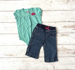 Baby Mädchen 9 m Outfit Set weiche Denim Jeans Hose & türkis Puffärmel Body  - Bild 1 von 2