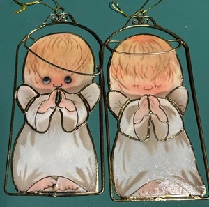 Vintage Handcrafted Praying Angel Capiz Shell Ornaments Approx 5.5" Tall Gold Tr - Picture 1 of 4