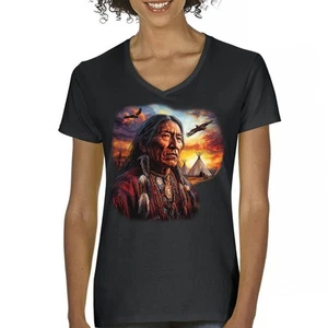 Native American Village Chief Women's V-Neck T-shirt Tribal Warrior Sunset Tee - Picture 1 of 71