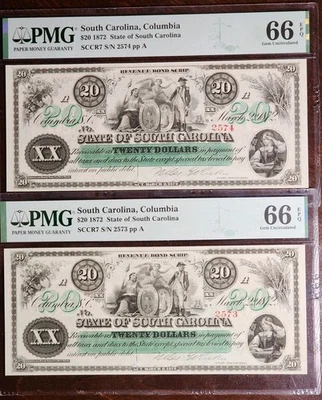 1872 $20 South Carolina, Columbia State Notes PMG 66 Consecutive Serial Numbers - Image 1 of 4