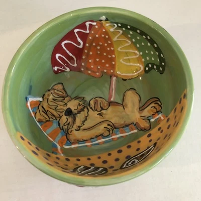 Faux Paw Debby Carman Productions Hand Painted Ceramic Dog Bowl Wheaten Beach - Image 1 of 4