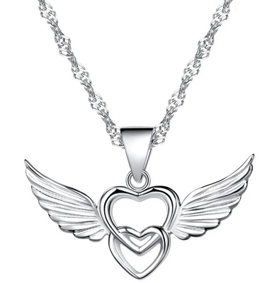 Collar colgante de plata de ley 925 con doble corazón alas de ángel, oro rosa/plata... Foto 1 de 4