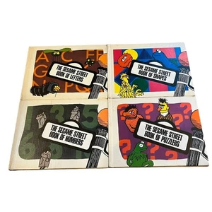 Lot Of 4 Sesame Street Books 1970 PreSchool Press Shapes Letters Puzzlers Number - Picture 1 of 16