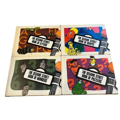 Lot Of 4 Sesame Street Books 1970 PreSchool Press Shapes Letters Puzzlers Number - Image 1 of 4