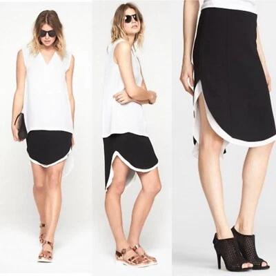Rag & Bone Ashlee Curved High Low Hem Short Skirt Black/White Wm 2 Silk Blend - Image 1 of 4
