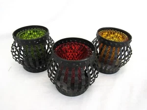 Vtg Diamond beaded gold green red Glass Metal Cage Votive Candle Holder Black - Picture 1 of 7