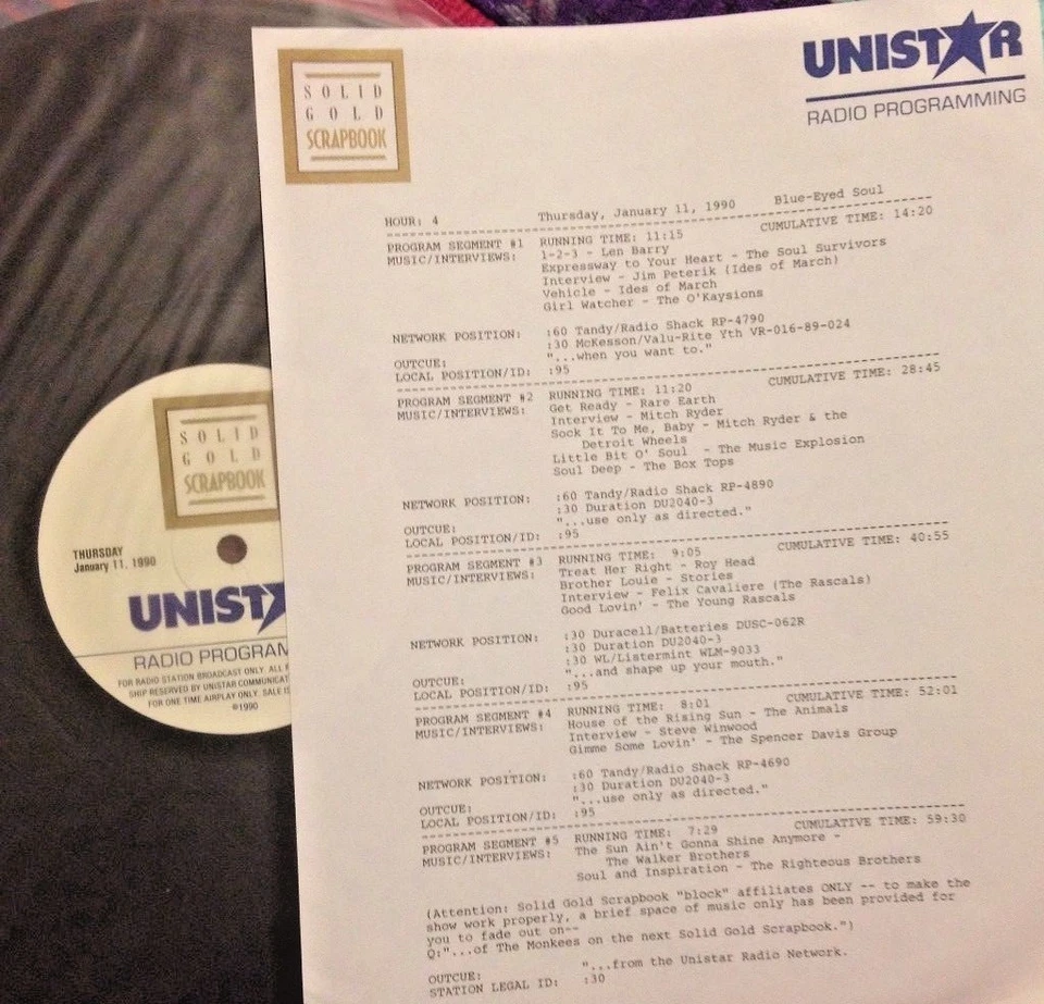RADIO SHOW 1/11/90 BLUE EYED SOUL:LEN BARRY,SOUL SURVIVORS,IDES OF MARCH,STORIES - Image 1 of 1