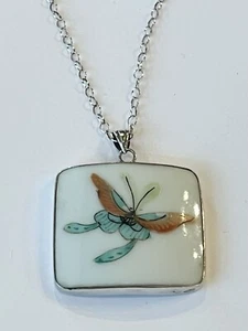 Hand Painted Butterfly Chinese Porcelain Pottery Sterling Silver Necklace 20” - Picture 1 of 7
