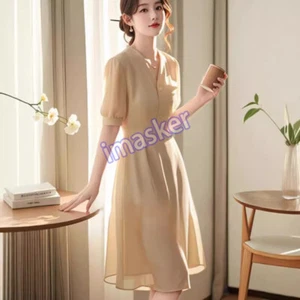 French Dress Women's Summer New Chiffon V Neck Slim Fit Fairy Style Party Dress - Picture 1 of 24