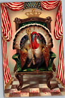 Carte postale patriotique Thanksgiving Turquie avec sceptre sur trône drapeau américain