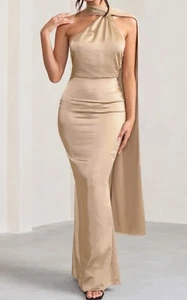 CLUB L London MADEMOISELLE CHAMPAGNE SATIN ASYMMETRIC SCARF NECK MAXI DRESS Sz8 - Picture 1 of 6