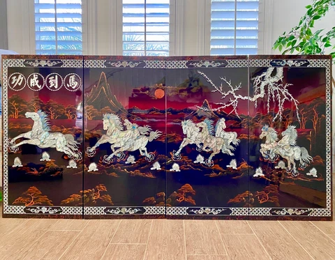 Vintage 4 Pc Red Wood Eight Running shells horses Wall decoration 63”W X 41.5”H Cover