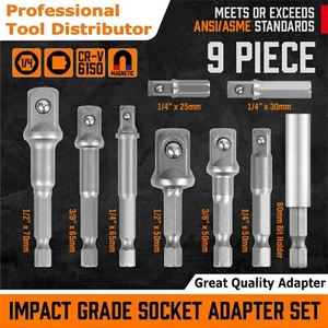 9Pcs Socket Adapter Impact Hex Shank Drill Bits Power Extension Bar 1/4 3/8 1/2 - Picture 1 of 8