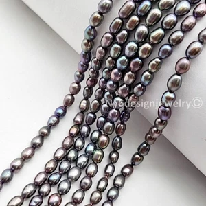Natural Freshwater Pearl Beads –5x4mm Blue Gray Peacock Crystal Lined Rice - Picture 1 of 8