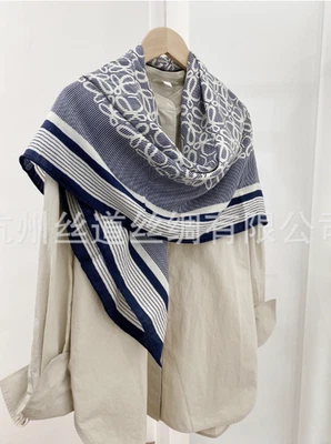 70% Cashmere 30% Silk Bandana Blue coil Print Scarf Shawl Double Face 105X105cm - Image 1 of 3