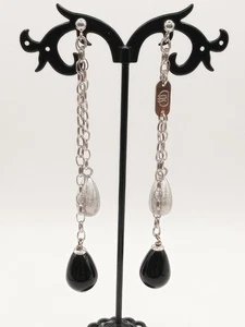 Orecchini Lobo Pendenti Argento Satinato 925 Lunghi Gocce Onice  - Foto 1 di 8