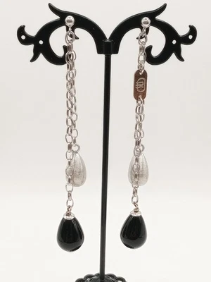 Orecchini Lobo Pendenti Argento Satinato 925 Lunghi Gocce Onice  - Immagine 1 di 4