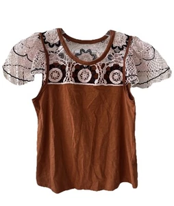 Top donna Anthropologie marrone cedro uncinetto manica svolazzante taglia small nuovo - Foto 1 di 10