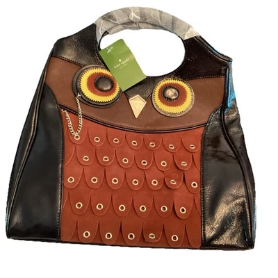 Kate Spade Maxamillion Owl Suede Leather Tote Purse Bag Black Brown NWT FALL - Image 1 of 4