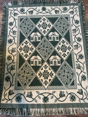 Винтажный зеленый тканый гобелен цветочный дом народный коттедж плед 38x50"" - Изображение 1 из 4