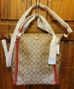 Coach Peyton Signature Convertible Shoulder Handbag Brass/Khaki/Red F24601 NWT - Picture 1 of 12