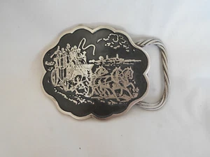 Western Stagecoach Belt Buckle Pewter Ornate N-B Vintage Excellent Condition - Picture 1 of 4