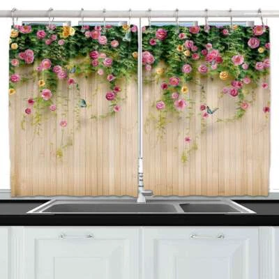 3D Blumen Bistrogardine Gardinen Küche 2 Paneele mit Haken Wasserdicht Textil - Bild 1 von 4