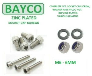 M6 / 6MM BZP SKT CAP WITH WASHER & NYLOC NUT COMPLETE SETS. LENGTHS 8MM TO 90MM - Picture 1 of 3