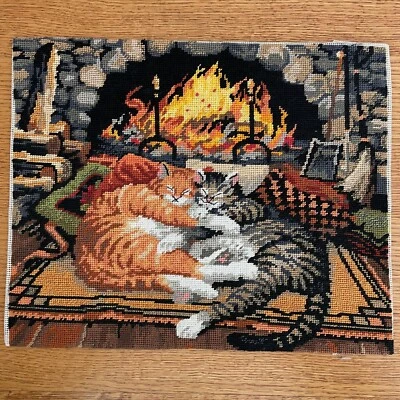 11x14 Tabby Cats Fireplace Completed Needlepoint Dimensions All Burned Out - Image 1 of 4