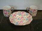 VINTAGE Royal Chintz Pierced Bowl & Cups Pink Floral Arnart 5th Ave 2048