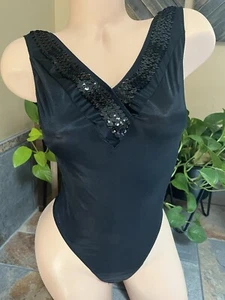 Lady Cameo Dallas schwarz zweite Haut glänzend Satin Nylon Pailletten Body Nachthemd M - Bild 1 von 18