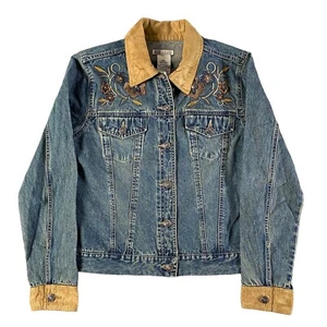 Faded Glory Jeansjacke Damen klein blau Blumen bestickt Wildlederimitat Kragen - Bild 1 von 10