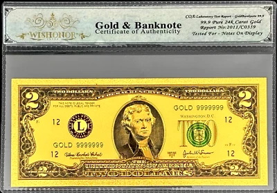 2003 SERIES $2 BILL US BANKNOTE IN SLEEVE W COA - 99.9% 24K GOLD - Image 1 of 4