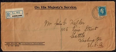 New Zealand 1934 OHMS Registered Cover w/ SG 424 5d Pale Ultramarine RARE - Image 1 of 4