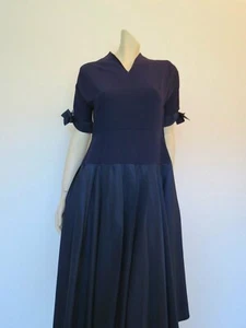 Vintage 1950s Navy Blue Crepe & Taffeta Dress With Sleeve Bows - 91 cm - Picture 1 of 9