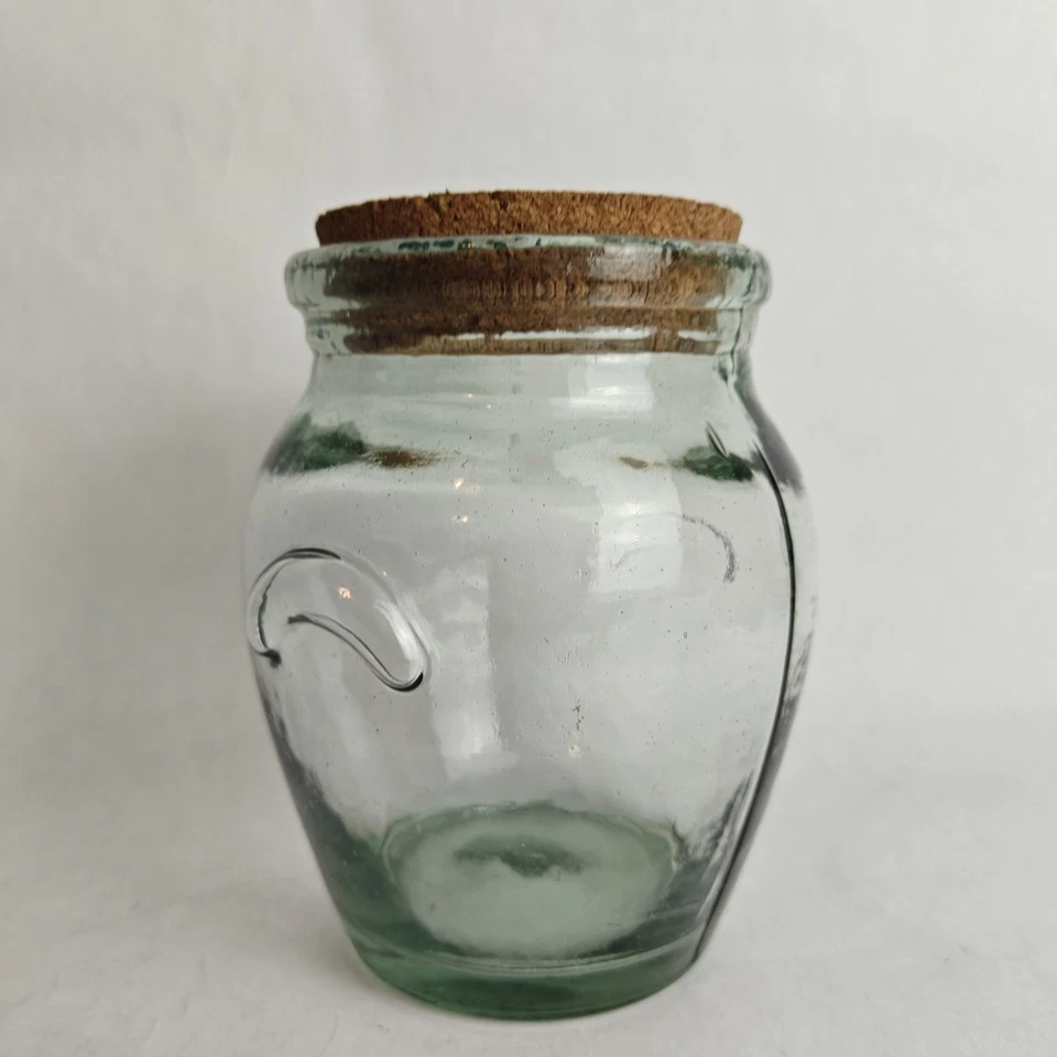 VTG Recycled Green Glass Jar, Heavy, Cork Lid Made In Mexico 6" Tall - Image 1 of 4
