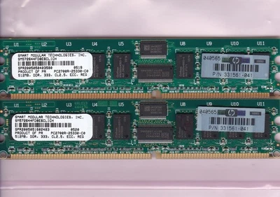 KIT RDIMM 1GB 2x512MB PC-2700R SMART SM572644FD8E6CLICH HP 331561-041 DDR-333 Foto 1 de 2
