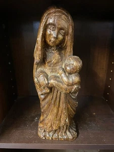 STATUE VIERGE A L'ENFANT SCULPTURE BOIS PATINE PEINTE - Picture 1 of 11