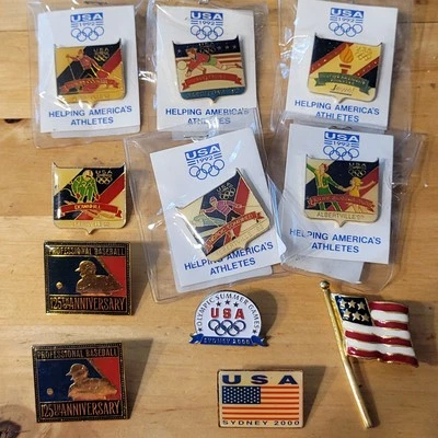 11 Pins 1992 2000 Olympic Games Baseball Flag Albertville Sydney Usa Volleyball - Image 1 of 4