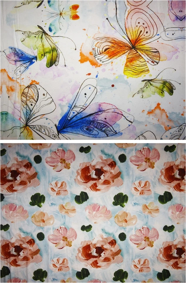 Viskosejersey Blumen Schmetterling gemalt Meterware Jersey Viskose Stoff Design - Bild 1 von 1