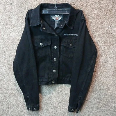  Harley Davidson Motorcycles Black Denim Jacket Embossed Size XS - Image 1 of 4