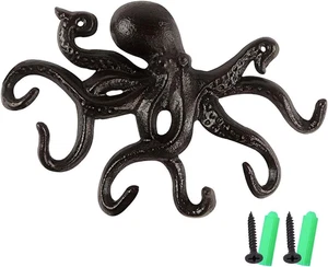 Octopus Hook - Nautical Wall Key Holder, Antique Cast Iron Hook for Coat, Hand T - Picture 1 of 12